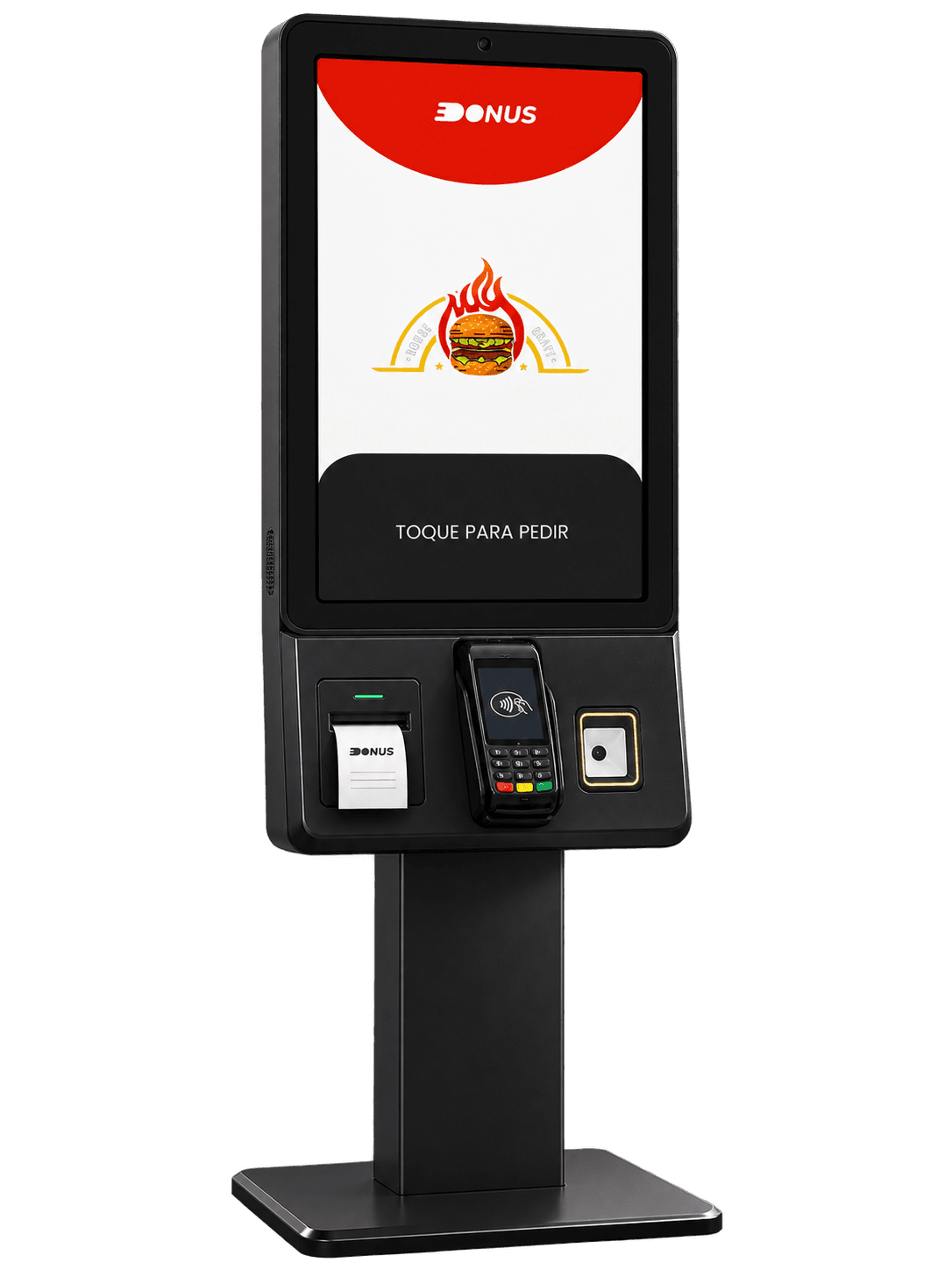 Totem de autoatendimento DONUS: tela com o cardápio da loja, impressora de comanda e maquininha de cartão
