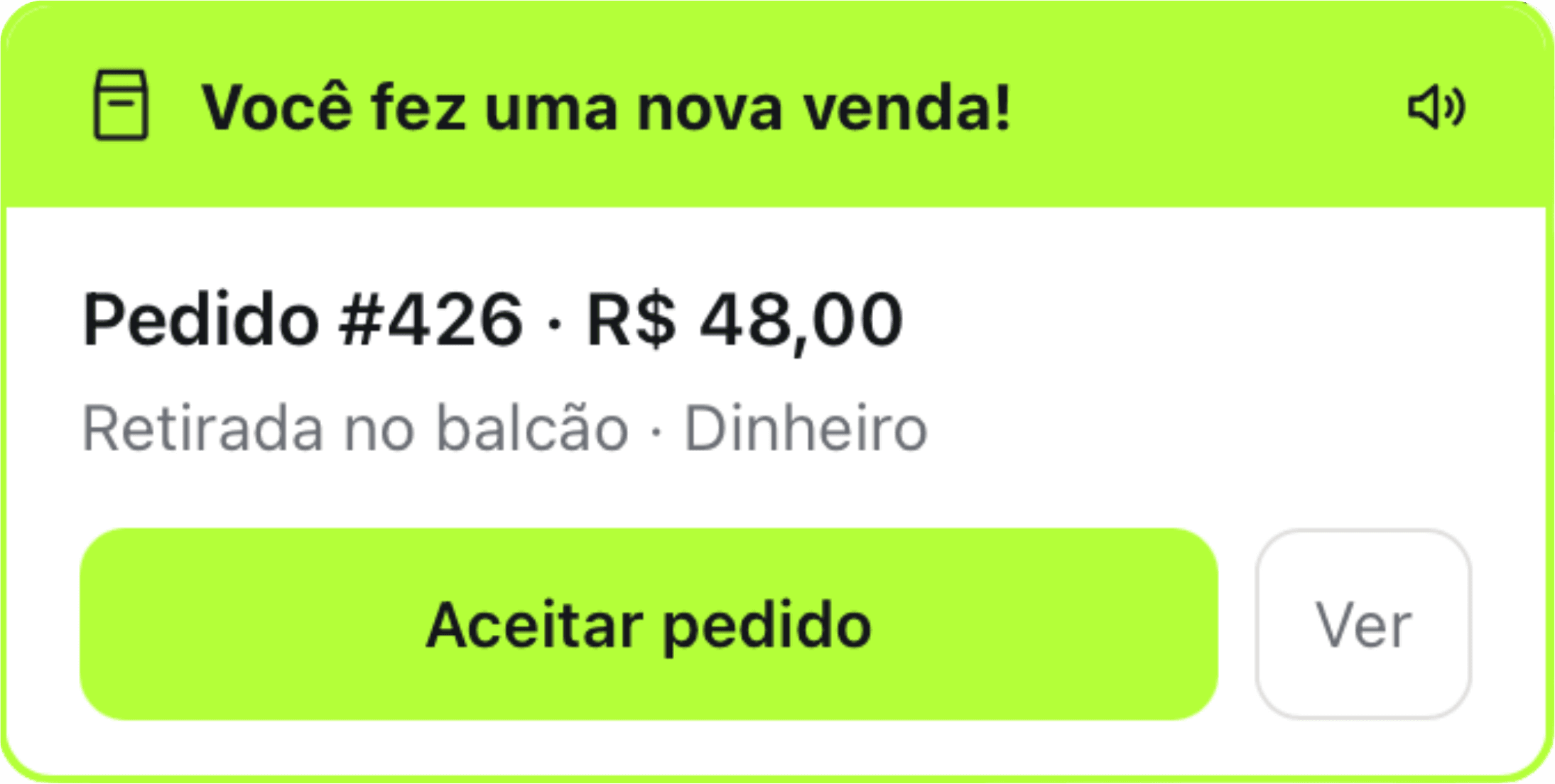 Aviso de venda nova: pedido 426, R$ 48,00, retirada no balcão