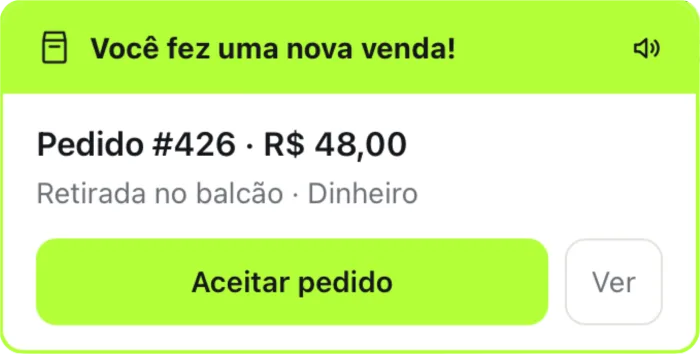 Aviso de venda nova: pedido 426, R$ 48,00, retirada no balcão
