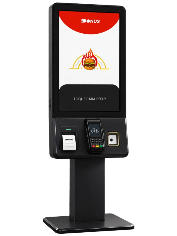 Totem de autoatendimento DONUS: tela com o cardápio da loja, impressora de comanda e maquininha de cartão